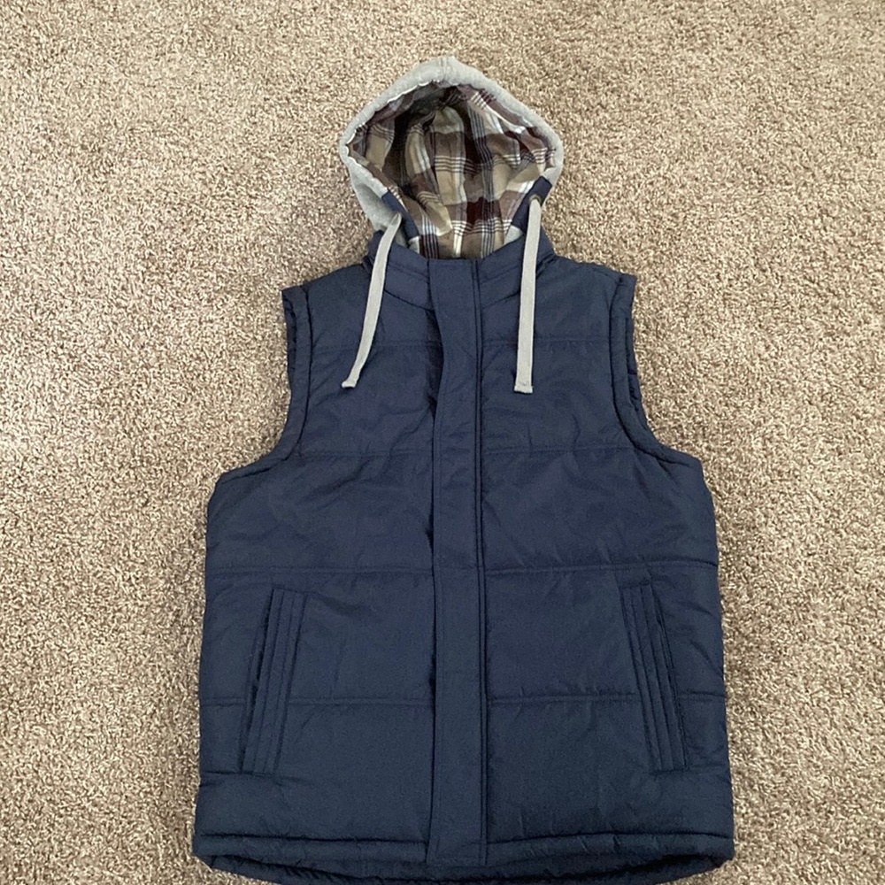 Abercrombie & Fitch Navy Quilted Vest with Gray Hood & Plaid Lining (M)